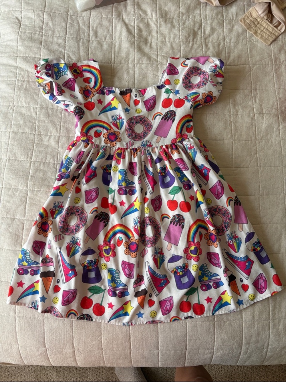 Lola + The Boys White Multicolor Playful Print Puff Sleeve Dress